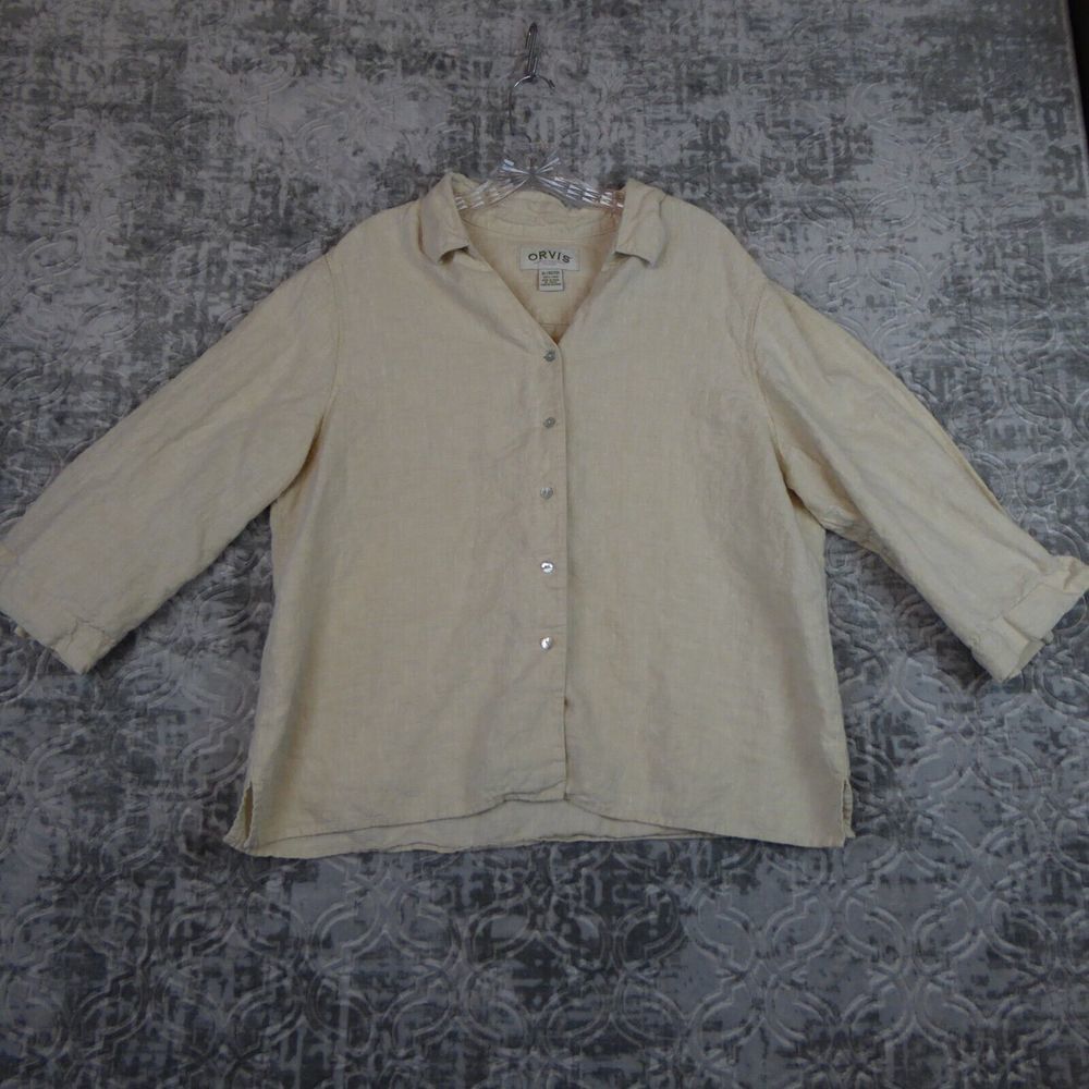 Orvis Shirt Womens Extra Large 100% Linen Button Up Beige 3/4 Sleeve Lagenlook